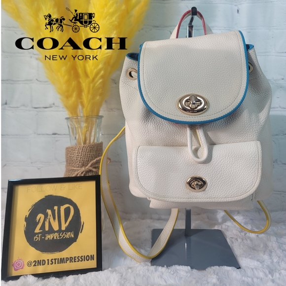 Coach Mini Turnlock Backpack White Leather With Colorblock Edge - Picture 1 of 13